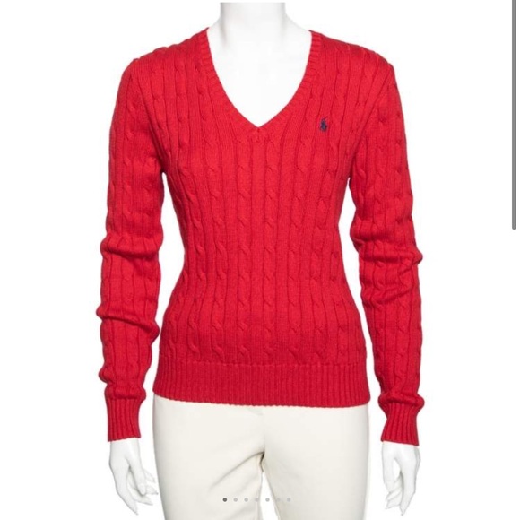 U.S. Polo Association Red Soft Cotton Cable-Knit V-Neck Sweater Pullover - Picture 1 of 8